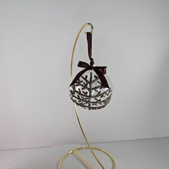 Set Of 4 Dillards Trimmings Glass Christmas Ornaments Glitter Tree Brown Ribbon - Picture 7 of 8
